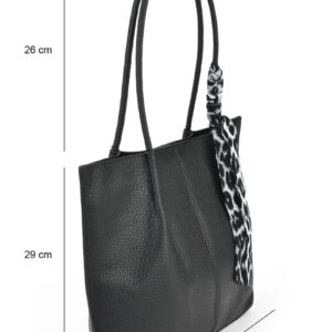 Черна дамска чанта тип тоут с декоративен шал и дълги дръжки