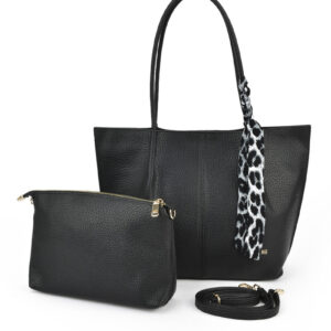 Чанта vshine 3093 3 Черна дамска чанта тип тоут с декоративен шал и дълги дръжки
