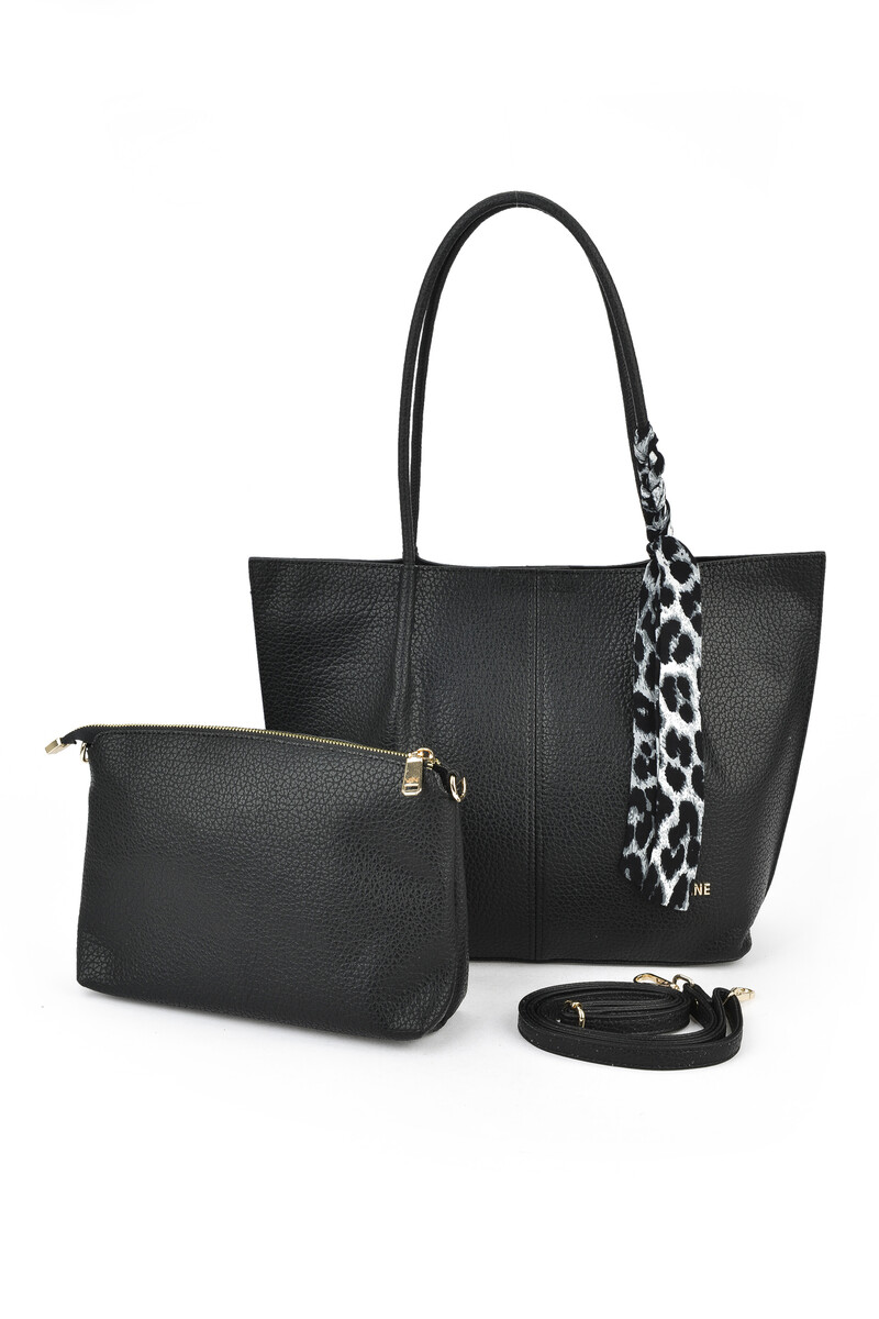 Чанта vshine 3093 3 Черна дамска чанта тип тоут с декоративен шал и дълги дръжки