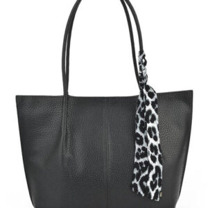 Черна дамска чанта тип тоут с декоративен шал и дълги дръжки