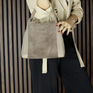 Дамска чанта от естествена кожа цвят визон, модел за носене през рамо с дълга презрамка