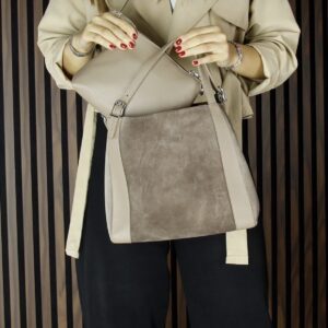 Дамска чанта от естествена кожа – цвят визон, елегантен модел през рамо Дамска чанта от естествена кожа цвят визон, модел за носене през рамо с дълга презрамка