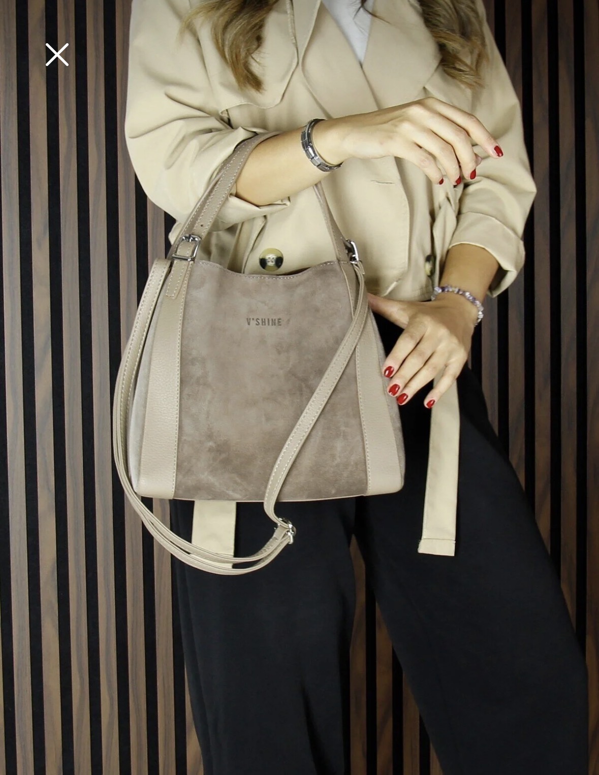 Дамска чанта от естествена кожа – цвят визон, елегантен модел през рамо Дамска чанта от естествена кожа цвят визон, модел за носене през рамо с дълга презрамка