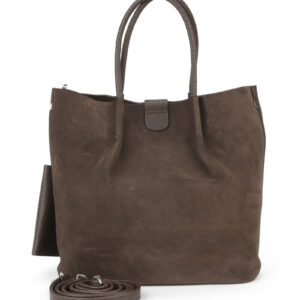 Дамска чанта от естествен велур в тъмно кафяв цвят с дълги дръжки