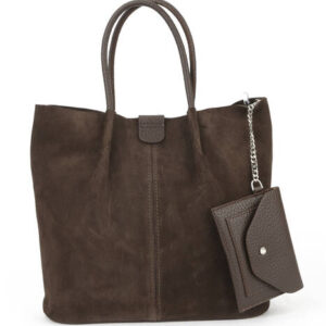 Дамска чанта от естествен велур в тъмно кафяв цвят с дълги дръжки