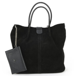 Дамска чанта от естествен велур в черен цвят с дълги дръжки