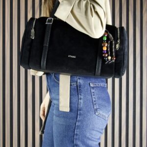 Черна дамска чанта от естествен велур Vshine с дръжки и дълга презрамка