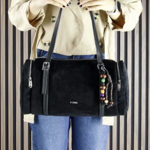 Черна дамска чанта от естествен велур Vshine с дръжки и дълга презрамка