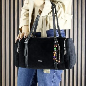 Черна дамска чанта от естествен велур Vshine с дръжки и дълга презрамка