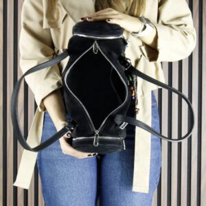 Черна дамска чанта от естествен велур Vshine с дръжки и дълга презрамка