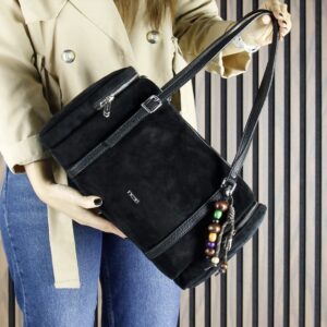 Черна дамска чанта от естествен велур Vshine с дръжки и дълга презрамка