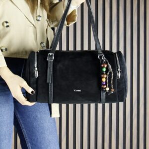 Черна дамска чанта от естествен велур Vshine с дръжки и дълга презрамка