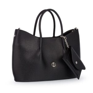 Черна дамска чанта от еко кожа с къси дръжки и регулируема презрамка