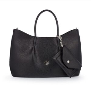 Черна дамска чанта от еко кожа с къси дръжки и регулируема презрамка