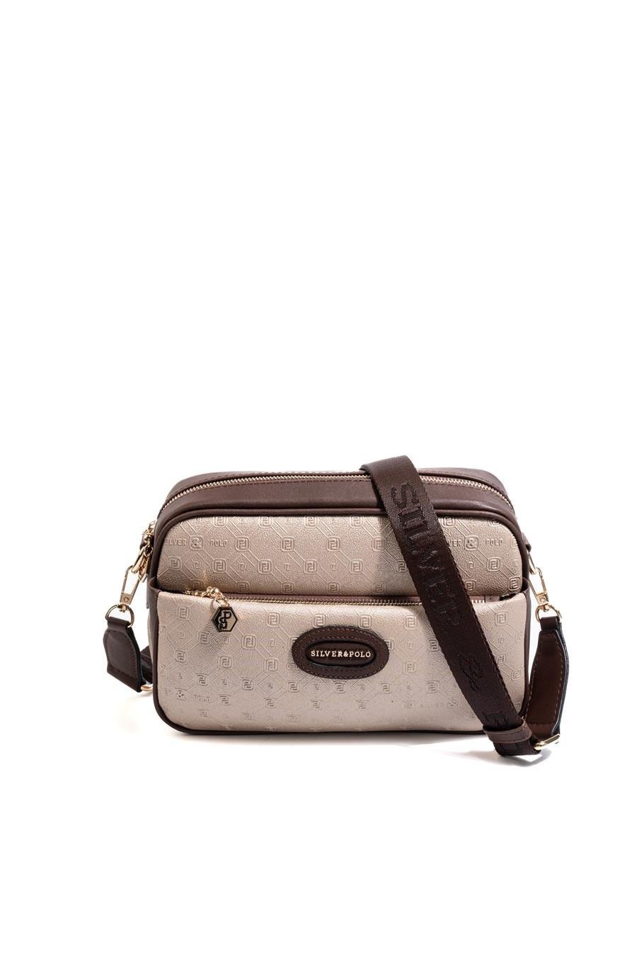 SP1267 Kadın Çapraz Çanta Logolu Nut-Kahve 4 Silver&Polo SP1267 дамска златиста чанта през рамо crossbody с регулируема презрамка