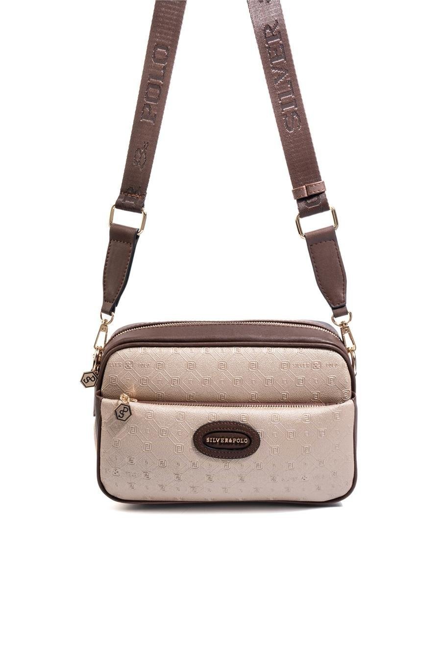 SP1267 Kadın Çapraz Çanta Logolu Nut-Kahve Silver&Polo SP1267 дамска златиста чанта през рамо crossbody с регулируема презрамка