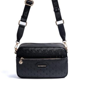 Черна дамска чанта през рамо с лого, компактна crossbody чанта с регулируема презрамка