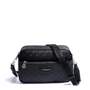 Черна дамска чанта през рамо с лого, компактна crossbody чанта с регулируема презрамка