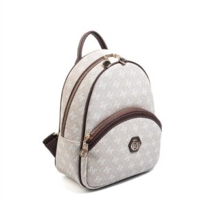 Дамска раница SP945 бежова с монограмен десен и кожени детайли