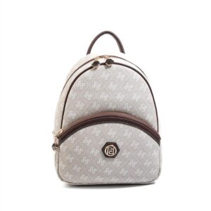 Дамска раница SP945 бежова с монограмен десен и кожени детайли