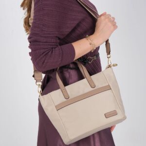 Дамска чанта Silver & Polo SP1214 в пясъчно бежово от тъкан сатен с дръжки и дълга презрамка