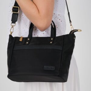 Silver & Polo SP1214 Kadın El Çantası Siyah 3 Дамска чанта Silver & Polo SP1214 черна от тъкан сатен с дръжки и дълга презрамка