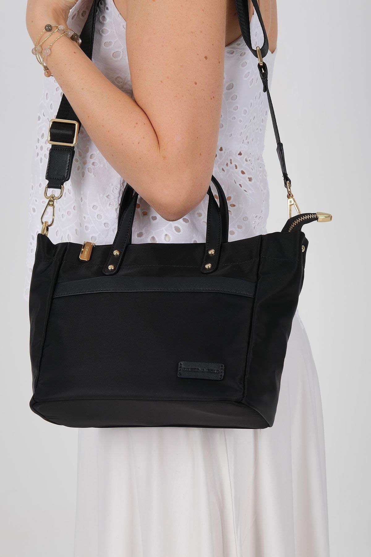 Silver & Polo SP1214 Kadın El Çantası Siyah 3 Дамска чанта Silver & Polo SP1214 черна от тъкан сатен с дръжки и дълга презрамка