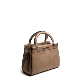 Дамска чанта цвят визон с дълга презрамка и къси дръжки елегантен модел