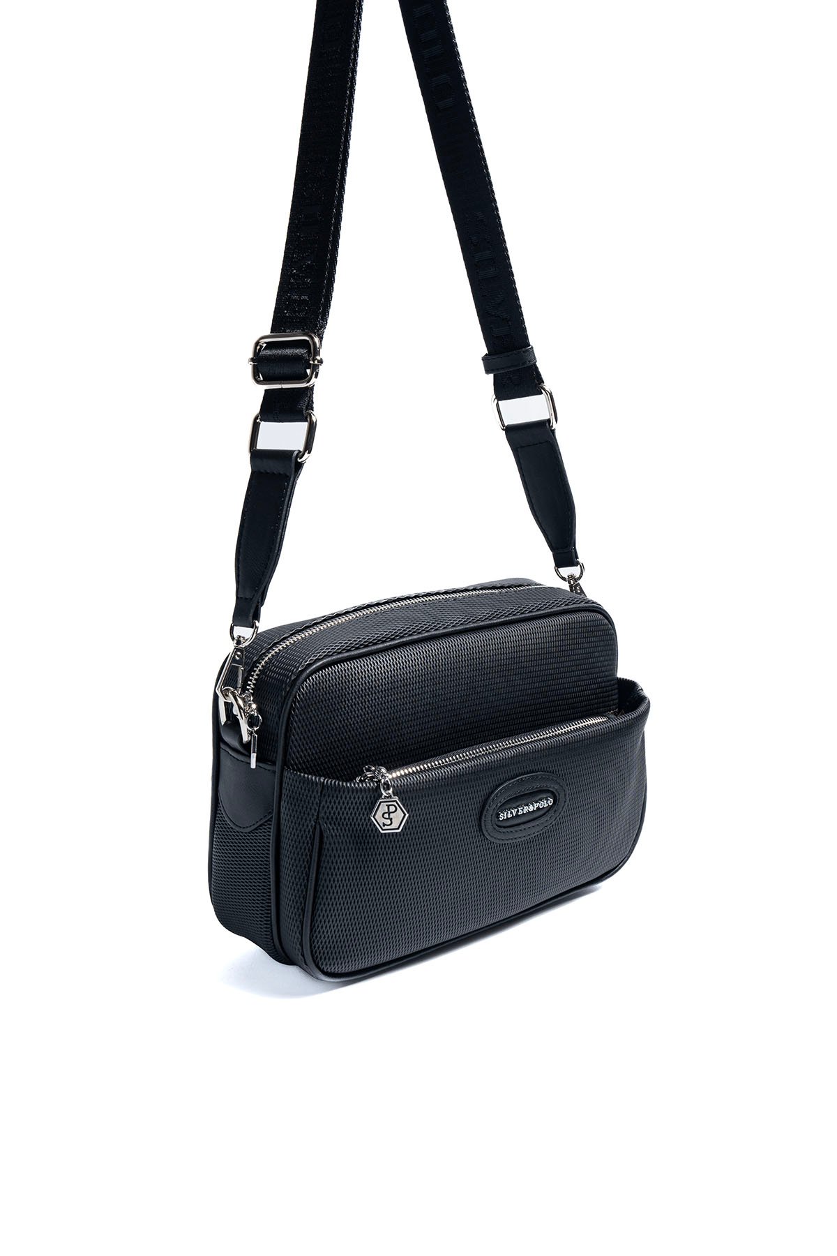 SP1267 Kadın Çapraz Çanta Petek Siyah-Siyah 2 Дамска черна чанта през рамо с регулируема презрамка елегантна дамска чанта