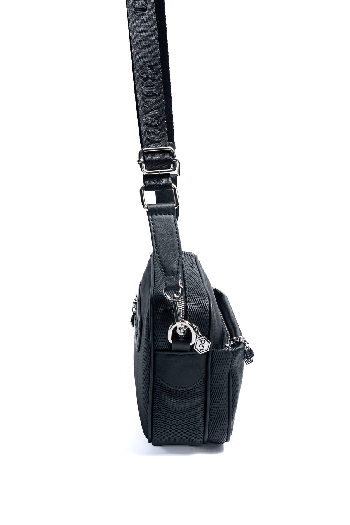 SP1267 Kadın Çapraz Çanta Petek Siyah-Siyah 3 Дамска черна чанта през рамо с регулируема презрамка елегантна дамска чанта