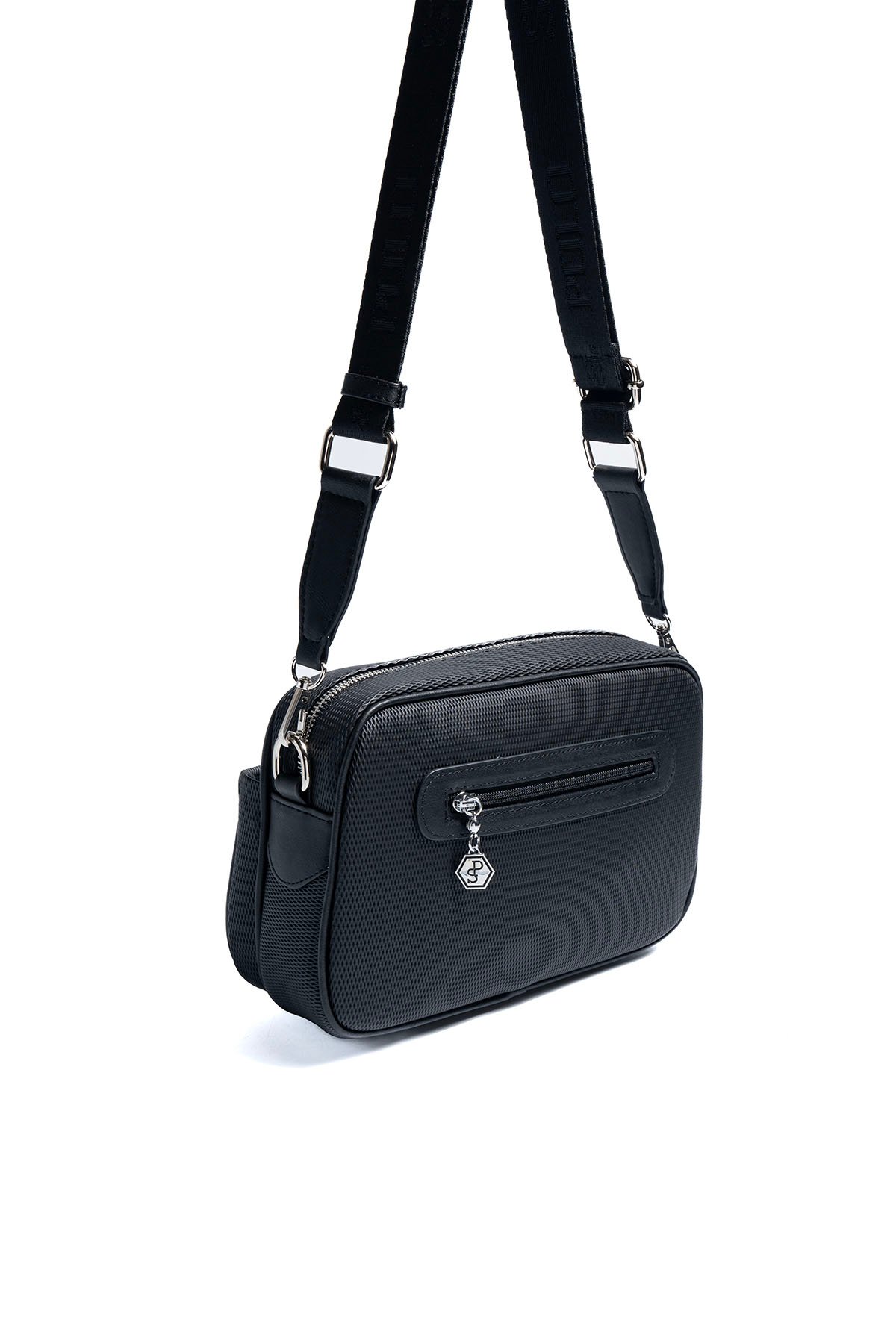 SP1267 Kadın Çapraz Çanta Petek Siyah-Siyah 4 Дамска черна чанта през рамо с регулируема презрамка елегантна дамска чанта