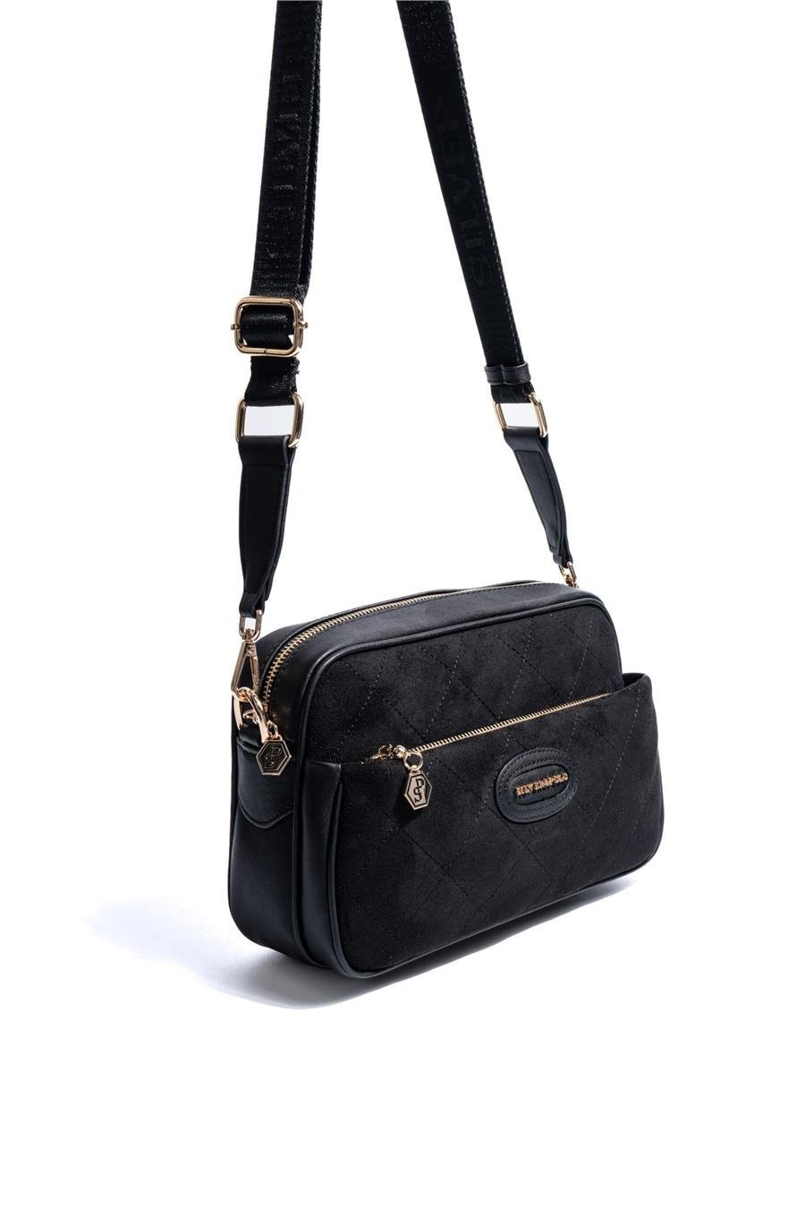 SP1267 Kadın Çapraz Çanta Süet Siyah-Siyah 1 Дамска черна велурена чанта за през рамо SP1267 кросбоди