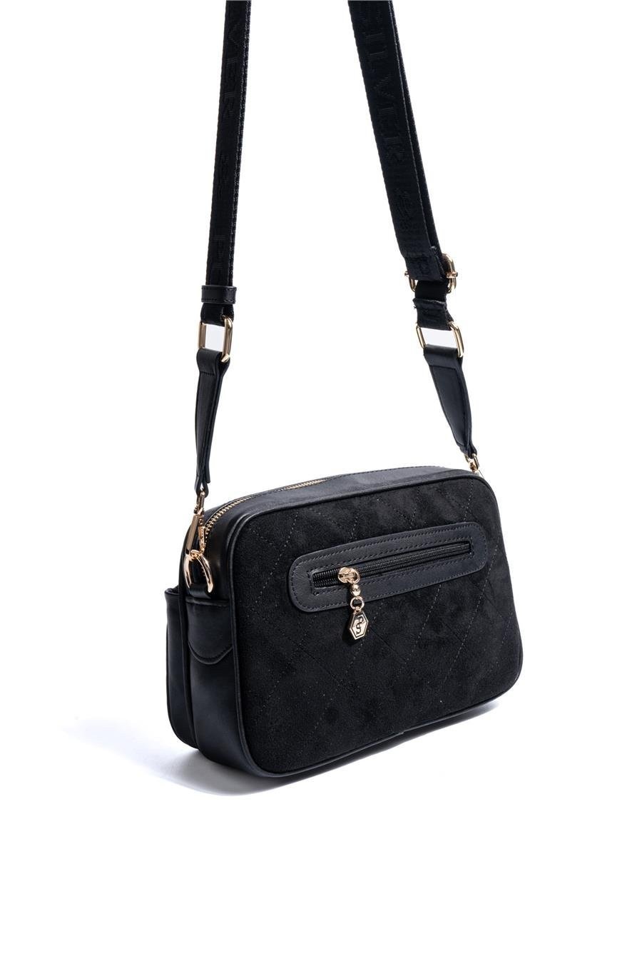 SP1267 Kadın Çapraz Çanta Süet Siyah-Siyah 3 Дамска черна велурена чанта за през рамо SP1267 кросбоди