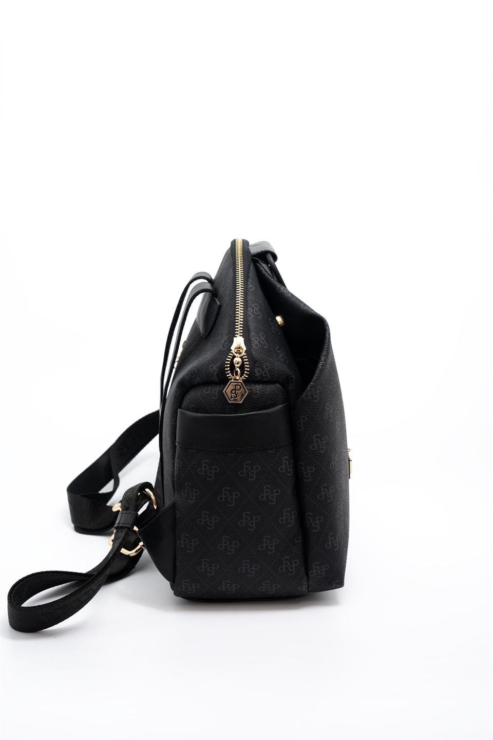 SP771 Kadın Sırt Çantası Monogram Siyah-Siyah 3 Дамска черна чанта с монограм и къси дръжки