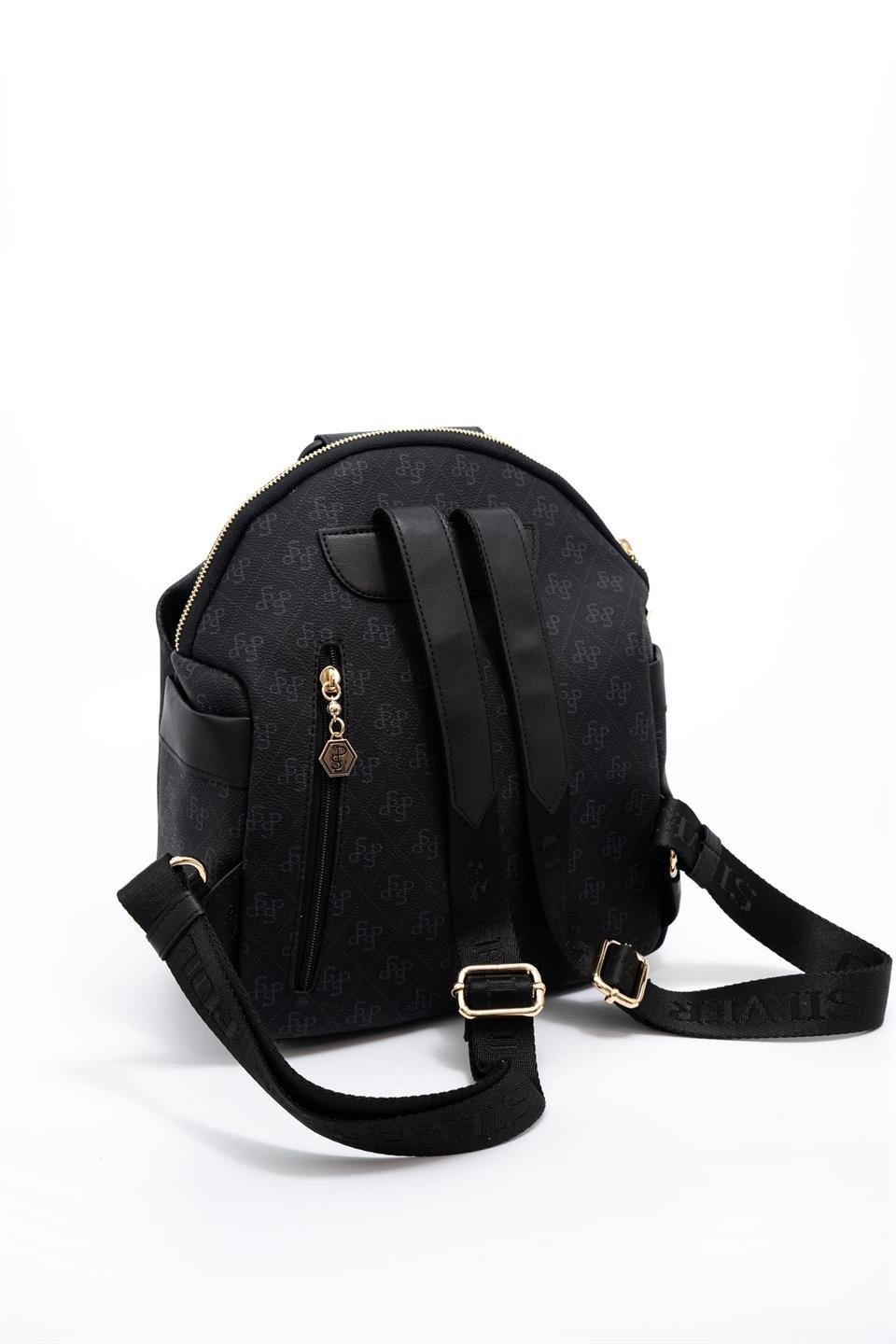 SP771 Kadın Sırt Çantası Monogram Siyah-Siyah 4 Дамска черна чанта с монограм и къси дръжки