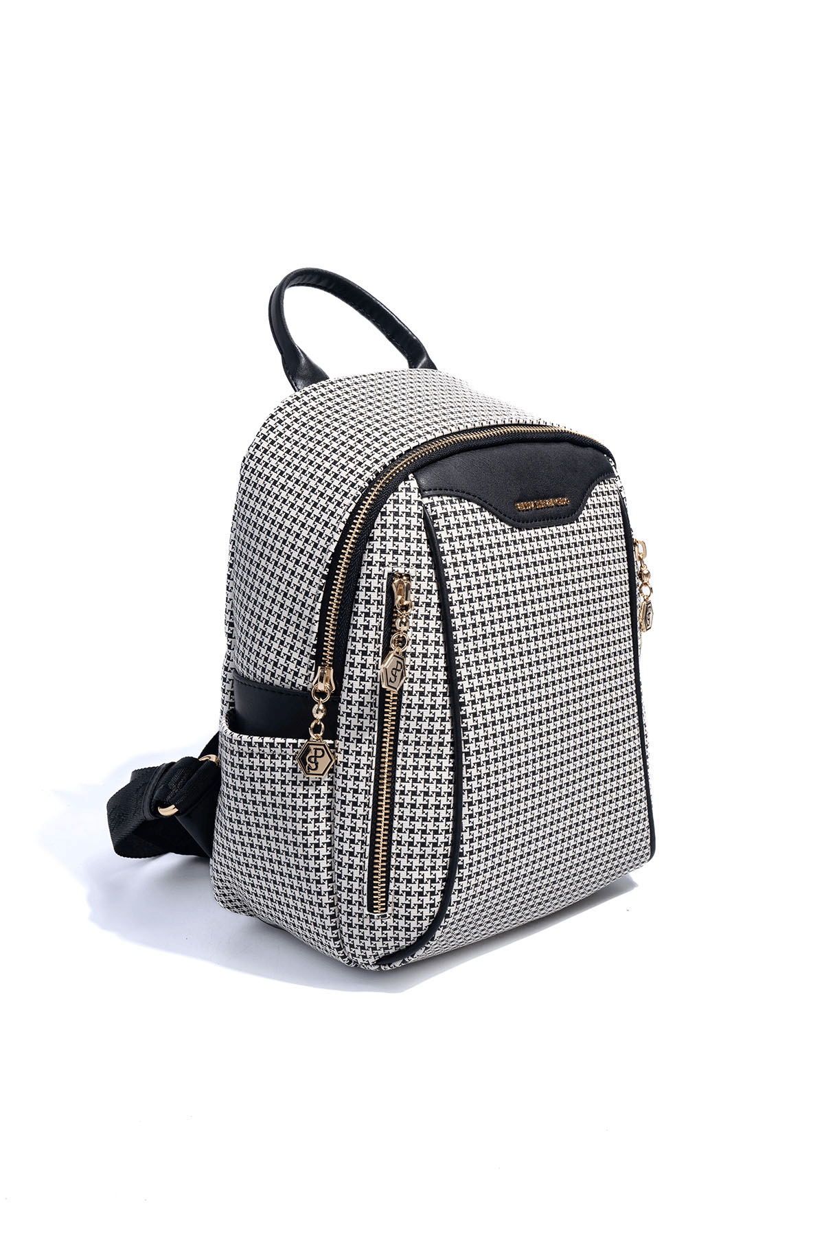SP906 Kadın Sırt Çantası Kaz Ayağı Ekose Siyah-Siyah 1 Дамска раница SP906 – елегантна малка раница за ежедневие в модерен дизайн
