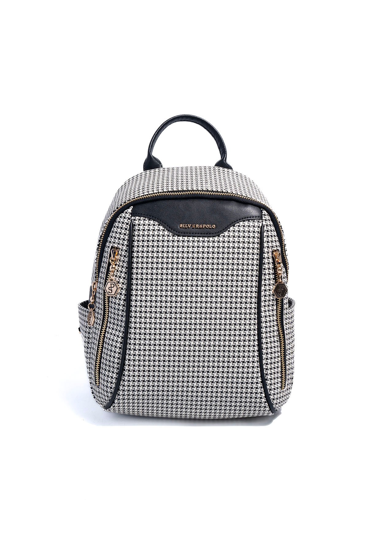 SP906 Kadın Sırt Çantası Kaz Ayağı Ekose Siyah-Siyah Дамска раница SP906 – елегантна малка раница за ежедневие в модерен дизайн