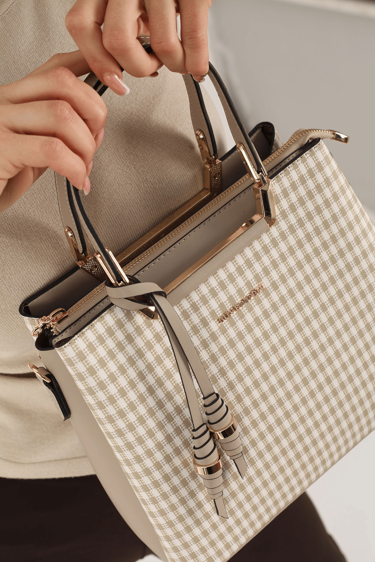 SP969 Kadın El Çantası Ekose Line Kare Kum Beji-Kum 1 дамска бежова чанта еко кожа SP969 чанта през рамо