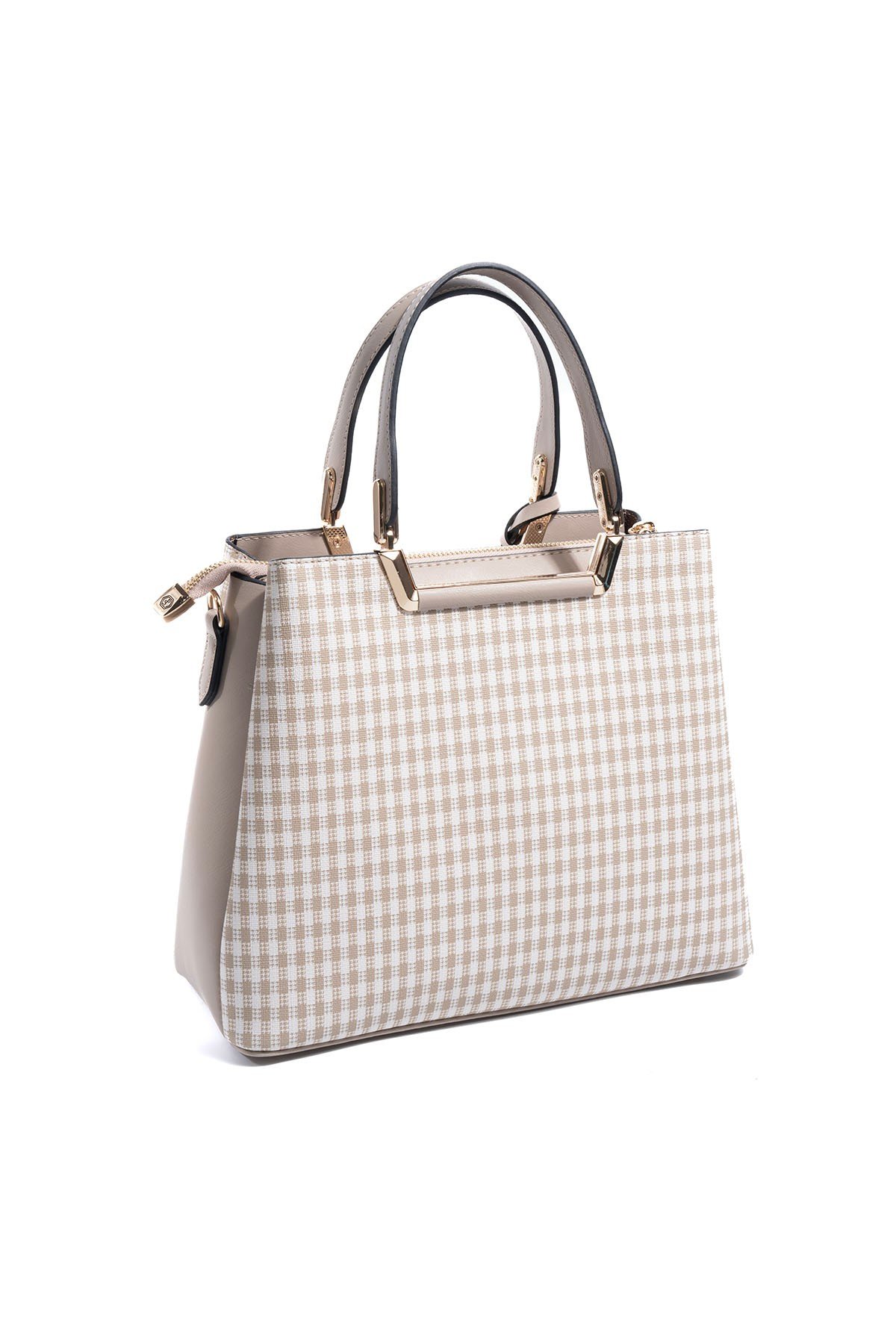 SP969 Kadın El Çantası Ekose Line Kare Kum Beji-Kum 5 дамска бежова чанта еко кожа SP969 чанта през рамо