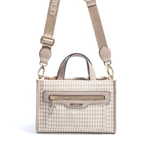 Дамска чанта Silver & Polo SP1271 в пясъчно бежово каре с къса дръжка и дълга презрамка