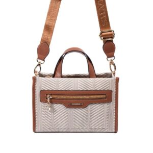 Дамска чанта Silver & Polo SP1271 бежова с кафяви детайли, къса дръжка и дълга презрамка