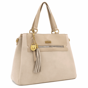 Дамска чанта Coveri Collection бежова елегантна чанта с пискюл