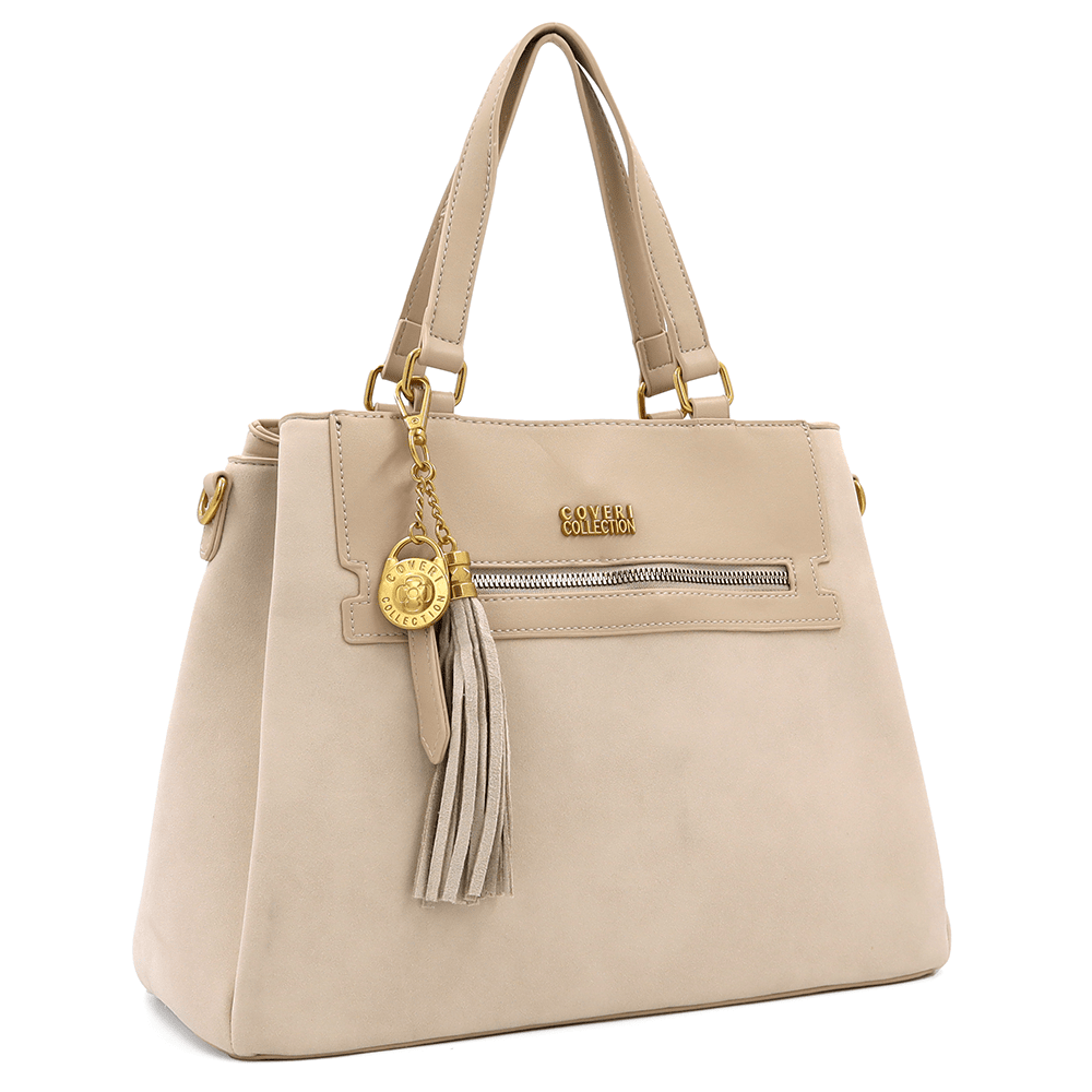 Дамска чанта Coveri Collection бежова 1 Дамска чанта Coveri Collection бежова елегантна чанта с пискюл