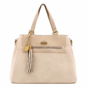 Дамска чанта Coveri Collection бежова елегантна чанта с пискюл