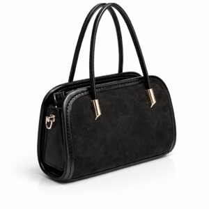 Малка дамска чанта от еко велур в черен цвят с къса дръжка и златни метални елементи