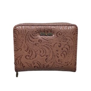 Малко дамско портмоне Eslee кафяво от еко кожа с цип и релефен дизайн