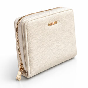 Малко дамско портмоне от еко кожа в бежов цвят с цип и златисто лого