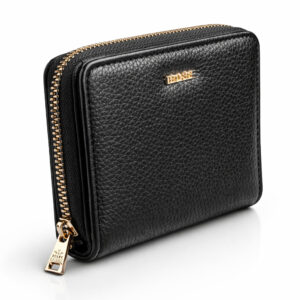 Малко дамско портмоне от еко кожа в черен цвят с цип и златисто лого