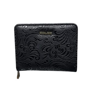 Малко дамско портмоне Eslee черно от еко кожа с цип и релефен дизайн