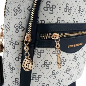 Дамска раница Silver&Polo Beyaz - Lacivert Monogram от водоустойчива еко кожа – бяло-син монограм